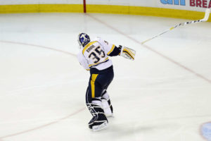 Pekka Rinne throws his stick in Game Seven.