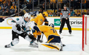 Timo Meier scores the first of 5 goals the Sharks put up on the Preds last night.